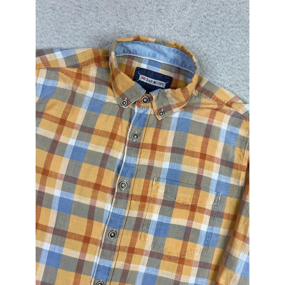 32 Bar Blues Shirt Mens Medium Yellow Blue Plaid‎ Long Sleeve Button Up Casual